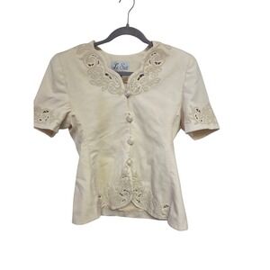 Le Suit Embroidered Button-Down‎ Top Short Sleeve Beige Size 12